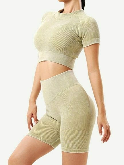 Wholesale Seamless High Neck Cap Sleeve Wash Ribbed Fabric Crop Top